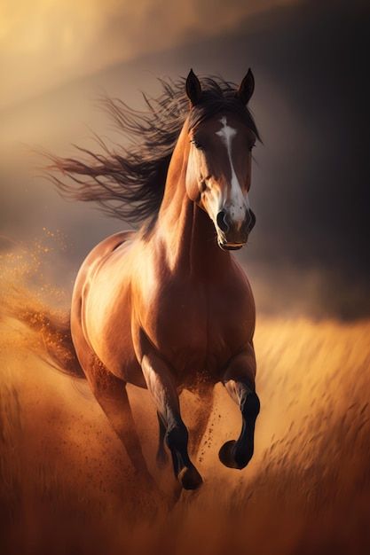 a horse running through the desert with its hair blowing in the wind and dust behind it