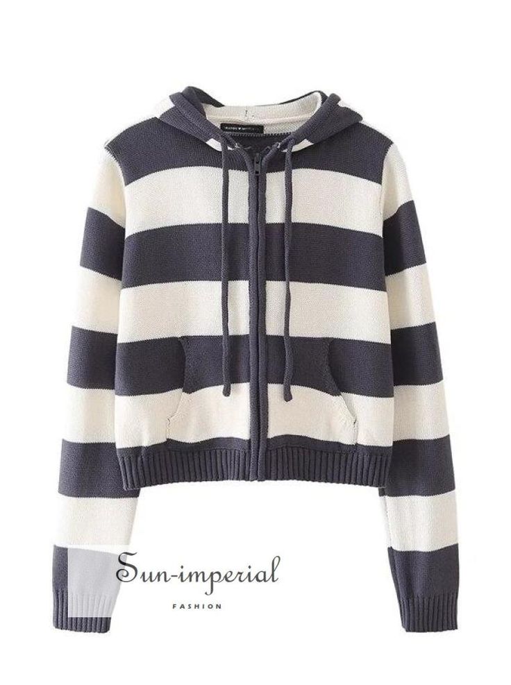 Women Blue and White Striped Knit Hoodie Cardigan with Zip Basic style Navy Cotton Cardigan For Winter, Navy Cotton Winter Cardigan, Navy Cotton Cardigan For Fall, Cozy Striped Cotton Sweater, Striped Cotton Sweater For Fall, Cotton Plaid-patterned Winter Sweater, Casual Navy Cardigan For Fall, Striped Hooded Tops For Fall, Blue Hooded Cardigan For Spring