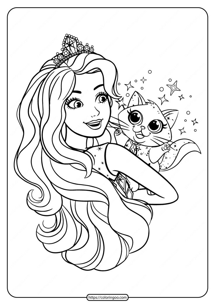 the little mermaid is holding her cat coloring page