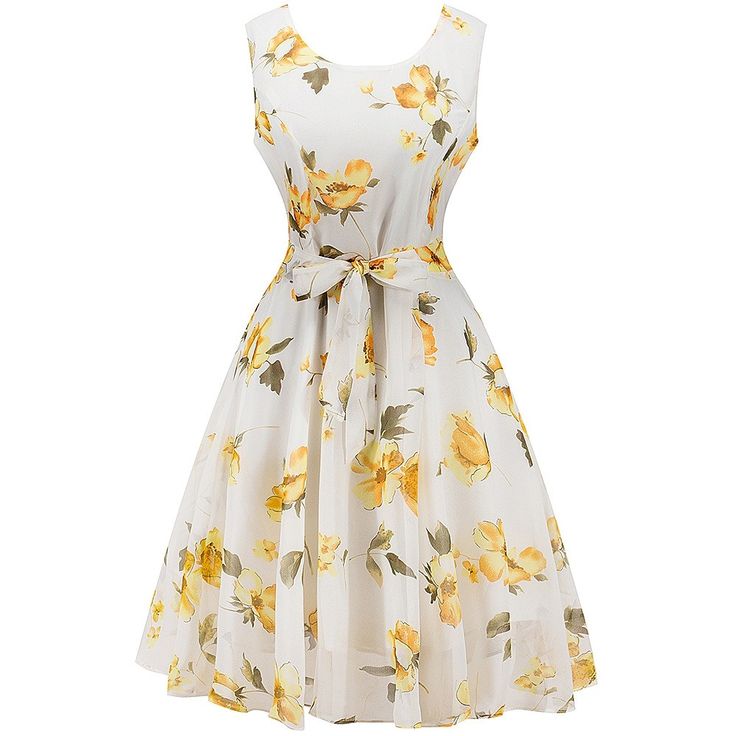 Women High Waist Floral Print Dress - White - 2806101816 - Women's Clothing  #WomensClothing #Women's #Clothing White Tea Length Dress, Belted Floral Dress, Vintage Print Dress, Floral Tea Dress, Flower Pattern Dress, White Floral Print Dress, Retro Style Dress, Robes Vintage, Floral Pattern Dress