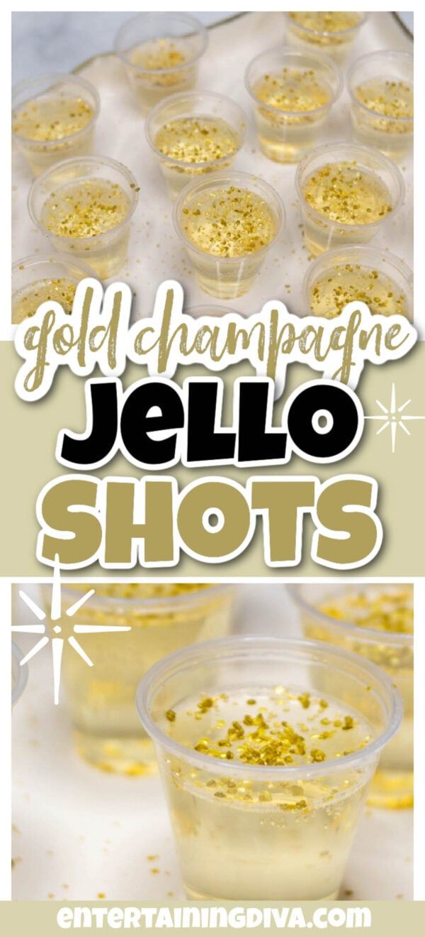 jello shots in plastic cups with gold sprinkles on the top and bottom