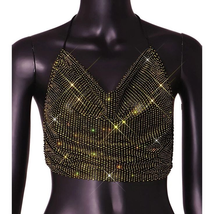 Green rhinestone see through backless top. Summer Party Mesh Top With Built-in Bra, Stretch Halter Top With Built-in Bra For Party, Glamorous Rhinestone Halter Top For Party, Rhinestone Tops For Night Out Party Season, Rhinestone Tops For Night Out And Party Season, Rhinestone Tops For Party Season Night Out, Glamorous Backless Tank Top For Club, Party Backless Halter Top With Built-in Bra, Trendy Stretch Halter Top For Party