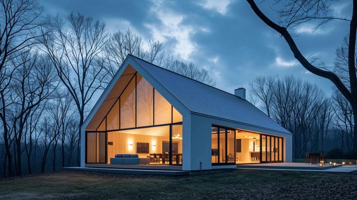 a small white house in the woods at night