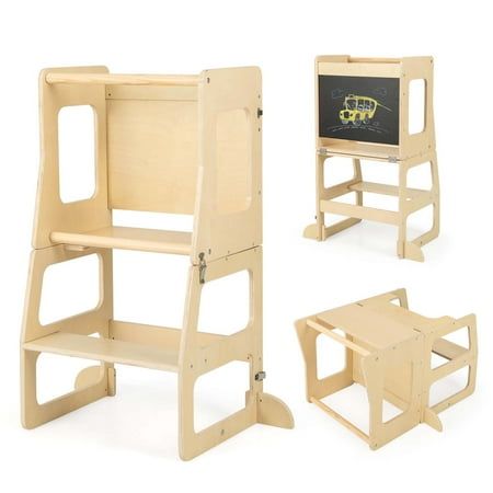 a wooden chair and stool made out of plywood with chalkboard on the back