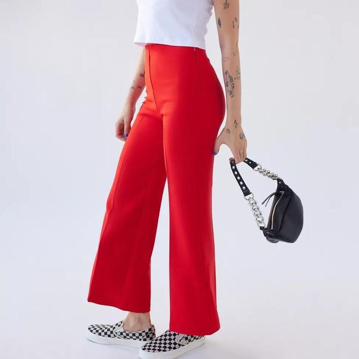 We Love These Fabulous Flattering Retro Red Naya High-Waisted Flare Pants! 95% Polyester 5% Spandex Red Pants For Workwear, Non-stretch Red Pants, Red Wide Leg Dress Pants For Spring, Chic Red Wide Leg Dress Pants, Red Solid Long Pants, Casual Fitted Red Pants, Red Fitted Casual Pants, Red Solid Color Long Pants, Red Non-stretch Wide Leg Pants With Pockets