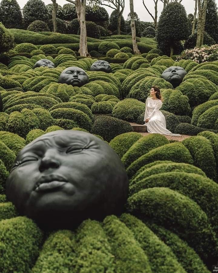 a woman sitting on top of a lush green field next to trees and bushes in the shape of heads