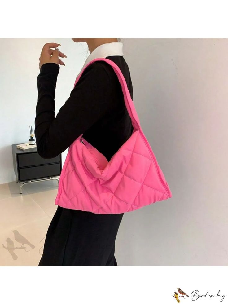 Bird in Bag - Womens Shoulder Bag with Stitched Design and Large Capacity Geometric Composition, Bird In Bag, Bag Bag, Square Bag, Clutch Handbag, Purses Crossbody, Luxury Design, Hot Pink, Puffer