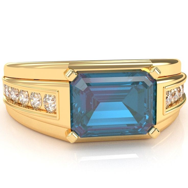 Classic and bold men's lab created alexandrite and diamond ring crafted in 14k/10k Solid Gold/925 Sterling silver. With a twelve diamond channel set and a 6x8mm emerald cut center stone set horizontally, this one is guaranteed to impress. Alexandrite is a birthstone of June and is said to inspire creativity and imagination while strengthening intuition. Diamonds are thought to provide the wearer with better relationships and increase inner strength. 14k/10k Solid Gold Lab Created Alexandrite: Qty: 1 x 6x8mm Emerald Cut Stone Genuine Diamonds: .36 carats Qty: 12 x 2mm Round H|I 925 Sterling Silver:  AAA CZ Color Stones And AAA CZ Diamonds Please visit our store at https://www.etsy.com/shop/GemsOfZodiac for more solid 14k gold birthstone jewelry. PROCESSING TIME: All our jewelry takes 1 to 3 Classic Luxury Men's Birthstone Ring, Luxury Elegant Men's Birthstone Ring, Luxury Engagement Men's Ring With Birthstone, Luxury Men's Wedding Ring With Birthstone, Luxury Blue Men's Ring With Emerald Cut, Luxury Men's Engagement Ring With May Birthstone, Luxury Men's Ring For May Birthstone Occasions, Luxury Gemstones For Men's Anniversary, Classic Luxury Men's Ring With Birthstone