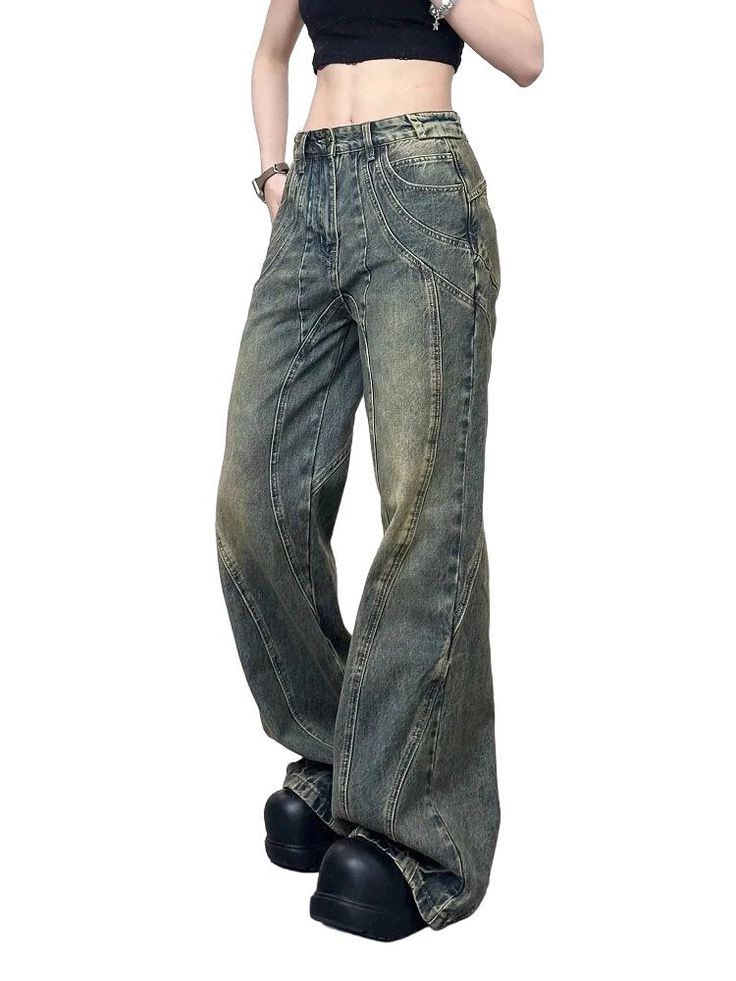 Grunge Straight Leg Denim Bottoms, Full Length Denim Bottoms In Grunge Style, Grunge Full-length Denim Bottoms, Grunge Style Straight Leg Medium Wash Bottoms, Fitted Wide Leg Faded Bottoms, High Rise Grunge Pants For Fall, Relaxed Fit Denim Grunge Pants, Faded Wide Leg Grunge Bottoms, Grunge Wide Leg Denim Bottoms