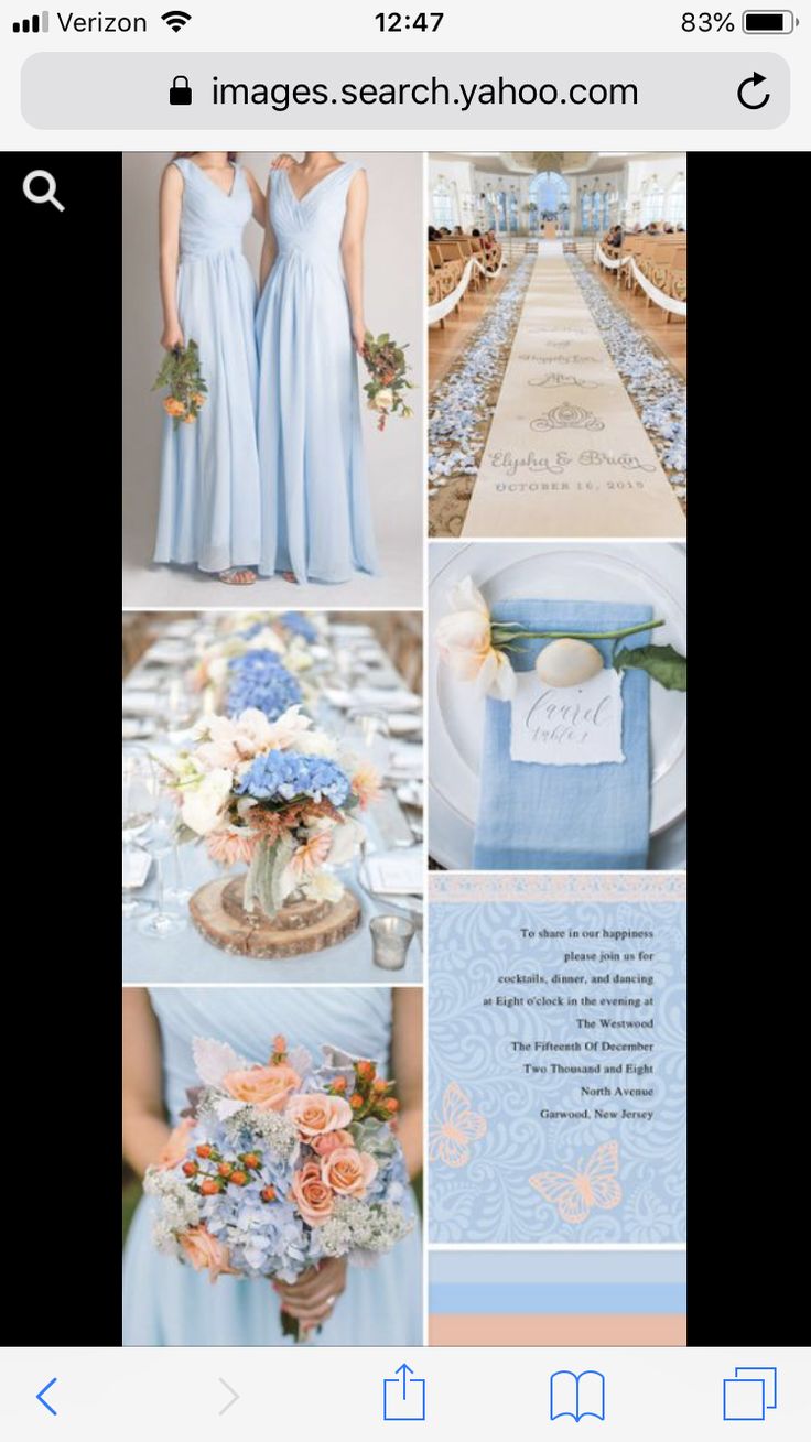 a collage of photos with blue and pink flowers on them, including the bridesmaid's dress