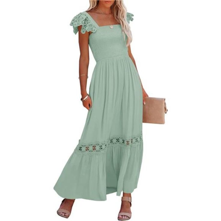 *Size Guide: S=Us 4-6, M=Us 8-10, L=Us 12-14, Xl=Us 16.Comfort Material, Lightweight And Breathable, It's A Must-Have Dress In Your Summer Wardrobe! * Features: Summer Beach Maxi Dress For Women, Lined Inside, Solid Color Dress, Square Neck Dress, Backless Dress, Spaghetti Strap Dress, Lace Sleeve Dress, Shirred And Stretchy Bodice/Ruched Bust, Elastic High Waist Dress, A-Line Dress, Ruffle Dress, Smocked Dress, Crochet Lace Trim Hem, Ankle Length. * Elegant Ruffle Maxi Dress: Everyone Needs Thi A-line Maxi Dress With Ruffles For Vacation, Feminine Summer Maxi Dress With Ruffle Sleeves, Flowy Ruffle Sleeve Maxi Dress For Summer, Sleeveless Dress For Spring Brunch, Summer A-line Maxi Dress With Lace Trim, A-line Sleeveless Ruffle Dress For Vacation, A-line Sleeveless Dress With Ruffles For Vacation, Casual Ruffle Sleeve Maxi Dress For Garden Party, Solid Color Summer Sleeveless Dress With Ruffles