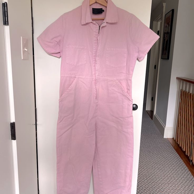 100% Cotton. Pink. Relaxed Structured Fit. Pink Shortalls With Pockets, Pink Fitted Overalls, Pink Sleeveless Cotton Overalls, Pink Overall Jumpsuit With Pockets, Pink Relaxed Fit Cotton Jumpsuit, Pink Overalls, Pant Jumpsuit, Overalls, Jumpsuit Romper