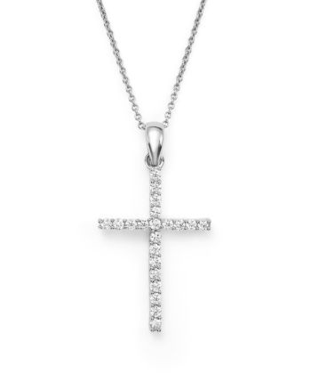 A straightforward yet elegant diamond cross pendant necklace cast in 14K white gold. Classic Diamond Cross Necklace For Formal Occasions, Formal Diamond White Cross Diamond Necklace, Diamond White Cross Pendant Necklace With Brilliant Cut, Classic Diamond White Cross Necklace, Formal Diamond Cross Necklace With Brilliant Cut, White Gold Crucifix Diamond Necklace For Anniversary, Formal White Gold Crucifix Diamond Necklace, Classic Diamond Accents Cross Pendant Necklace, White Gold Brilliant Cut Diamond Cross Necklace