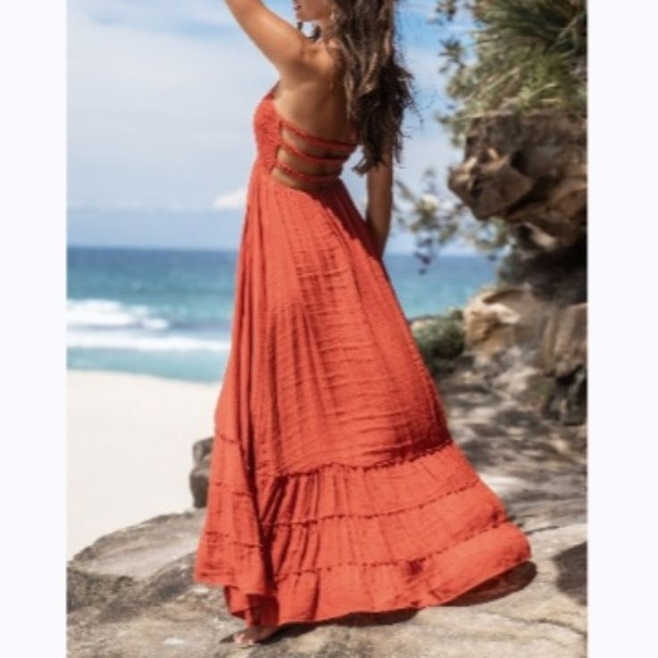 Flowy Maxi Backless Summer Beach Vacation Dress Red Size S Beach Backless Sundress Maxi Dress, Red Maxi Dress For Beach Cover-up, Red Sundress For Beach Cover-up, Beachy Backless Maxi Dress For Beach, Backless Sundress For The Beach, Beachy Maxi Dress For Summer Parties, Strapless Beach Dress For Beach Season, Casual Backless Beach Dress For Vacation, Chic Red Dress For Beach Party