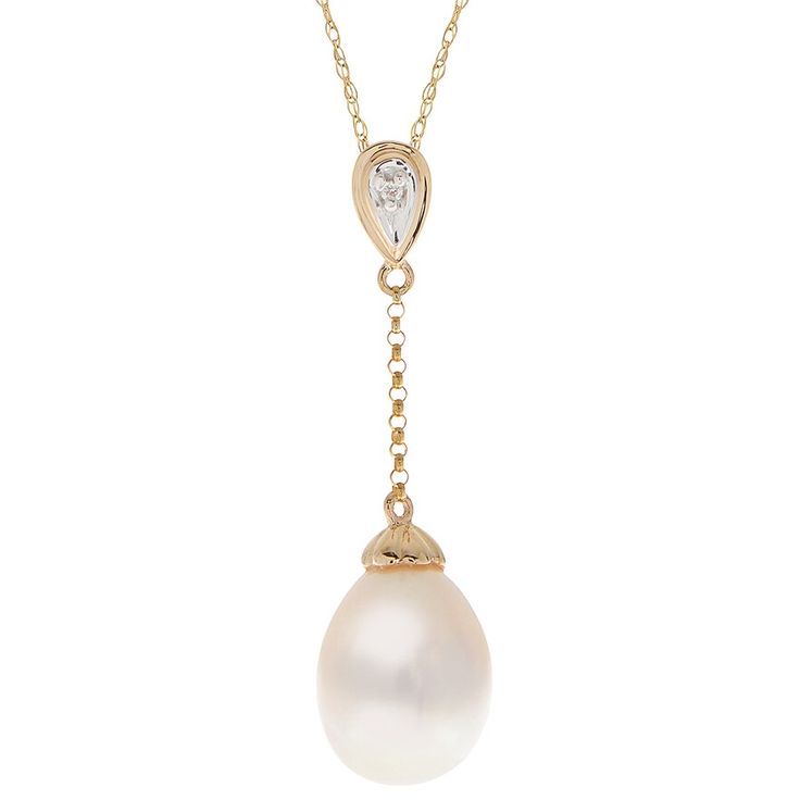 "Add an elegant touch to your attire with this lustrous freshwater cultured pearl pendant. Add an elegant touch to your attire with this lustrous freshwater cultured pearl pendant. Pendant size: 1 1/8""L x 1/3""W Length: 18 in. Clasp: spring-ring Chain type: rope Metal: 10k gold Finish: polished Packaging: boxedCULTURED PEARL DETAILS Type: freshwater Size: 8.5 mm - 9 mm Shape: oval Color: whiteDIAMOND DETAILS Shape: round Setting: prong Total weight: less than 1/10 ct. Color grade: H-I Clarity: Nye Wedding, Pearl Details, Ring Chain, Freshwater Cultured Pearls, Pearl Diamond, Chain Ring, Pearl Pendant, 10k Gold, Spring Rings