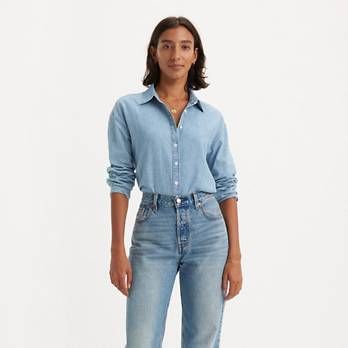 Odessa Long Sleeve Shirt - Light Wash | Levi's® US Effortless Collared Shirt With Button Closure, Relaxed Fit Shirt With Shirttail Hem For Daywear, Casual Shirt With Button Closure And Straight Hem, Timeless Relaxed Fit Tops With Button Closure, Everyday Relaxed Fit Button-up Shirt, Timeless Button-up Summer Shirt, Timeless Button-up Shirt For Summer, Relaxed Fit Shirt With Spread Collar And Button Closure, Classic Button-up Shirt With Back Button Closure