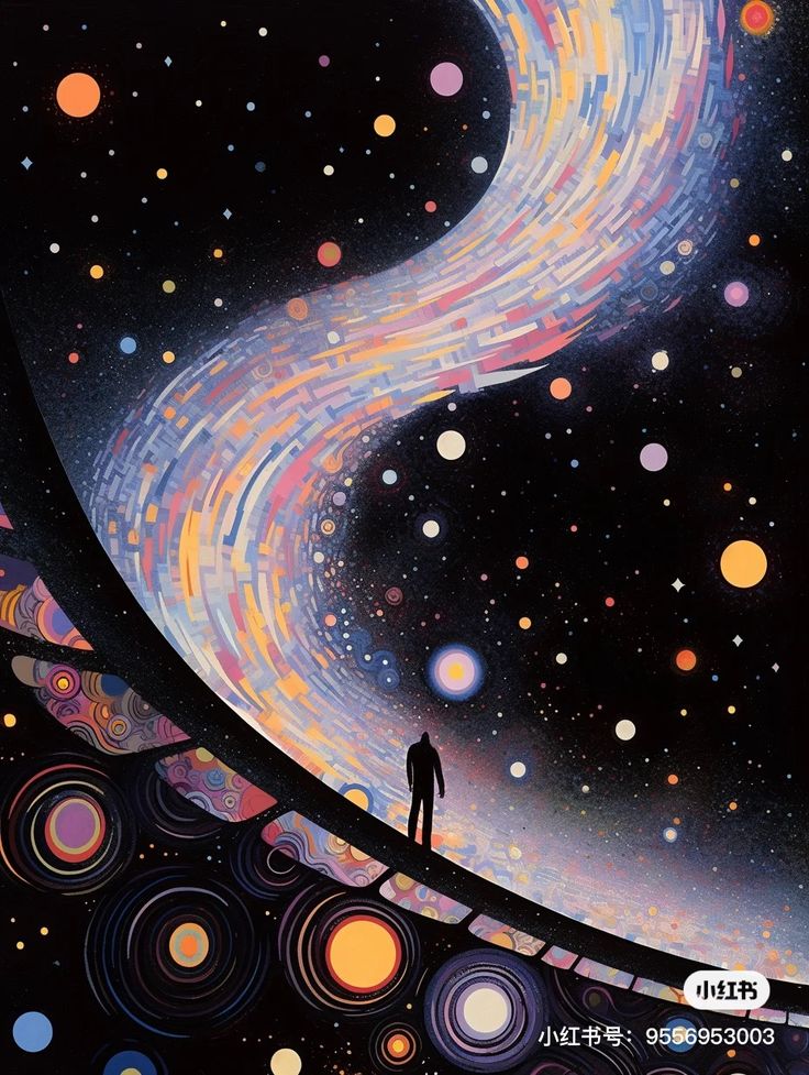 a man standing on top of a bridge under a sky filled with lots of stars