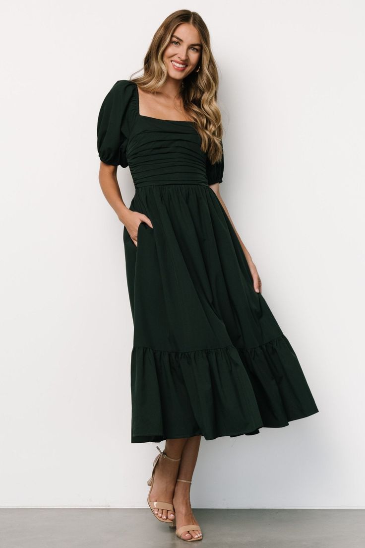 Andrea Pleated Midi Dress | Forest Green - Baltic Born Florentine Neckline, Dark Green Midi Dress, Cocktail Jumpsuit, Dress For Weddings, Destination Dress, Baltic Born, Fall Winter Dresses, Pleated Bodice, Romper Outfit