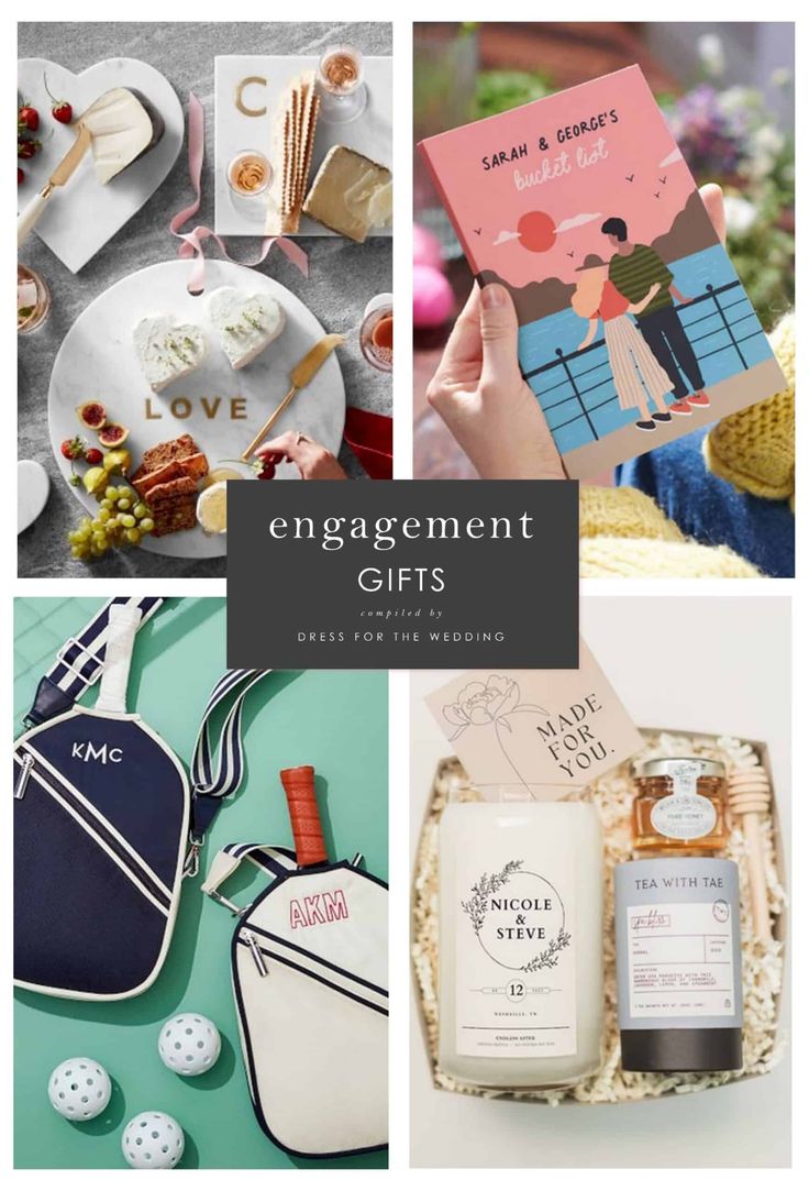 different images with the words engagement gifts written on them and pictures of people holding cards