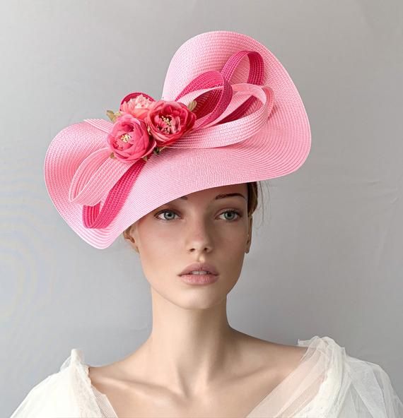 Chic Pink Summer Hat, Chic Pink Boater Hat For Summer, Pink Feminine Fascinator For Wedding, Elegant Rose Fascinator With Handmade Flowers, Pink Headpieces For Royal Ascot Event, Elegant Pink Headpiece For Royal Ascot, Elegant Rose Wedding Fascinator, Feminine Mini Hats For Weddings, Feminine Wedding Headpieces For Spring