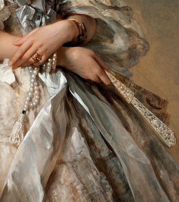 a painting of a woman in a white dress with pearls on her bracelet and ring