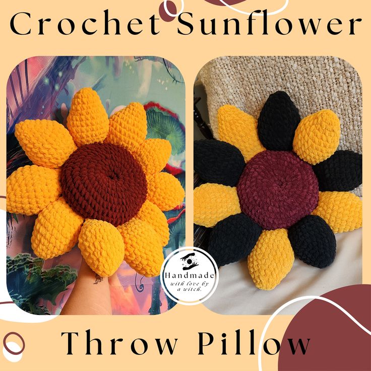 crochet and sunflower throw pillow is shown in three different colors, with the same flower on each side