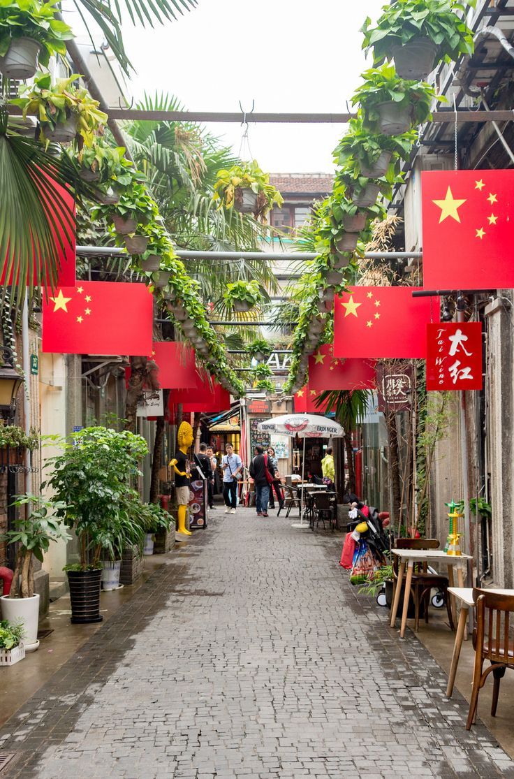 people are walking down an alley way with red banners hanging from the ceiling and potted plants on either side