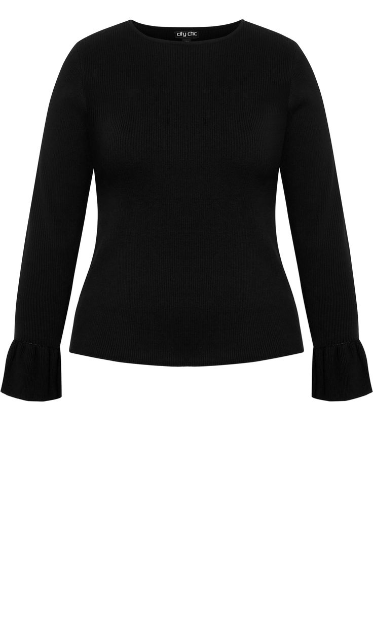 A style essential that keeps you warm, the Selena Sweater is a versatile piece you'll love on repeat. Made with soft stretch knit fabrication and designed with a fitted silhouette, this long-sleeved jumper in made with your curves in mind. Key Features Include: - Wide round neck - Full length sleeves with ruffle cuff - Fitted - Soft stretch knit fabrication - Hip length hemline Wear with a modern high waist fit trouser and ankle heel boots. | Plus Size Selena Sweater in Black, Size 18 | City Chi Ankle Heel Boots, Plus Size Jumpers, Rib Sweater, Denim Outerwear, Plus Size Outerwear, Date Night Dresses, Fitted Trousers, Jewel Neck, Lightweight Sweater