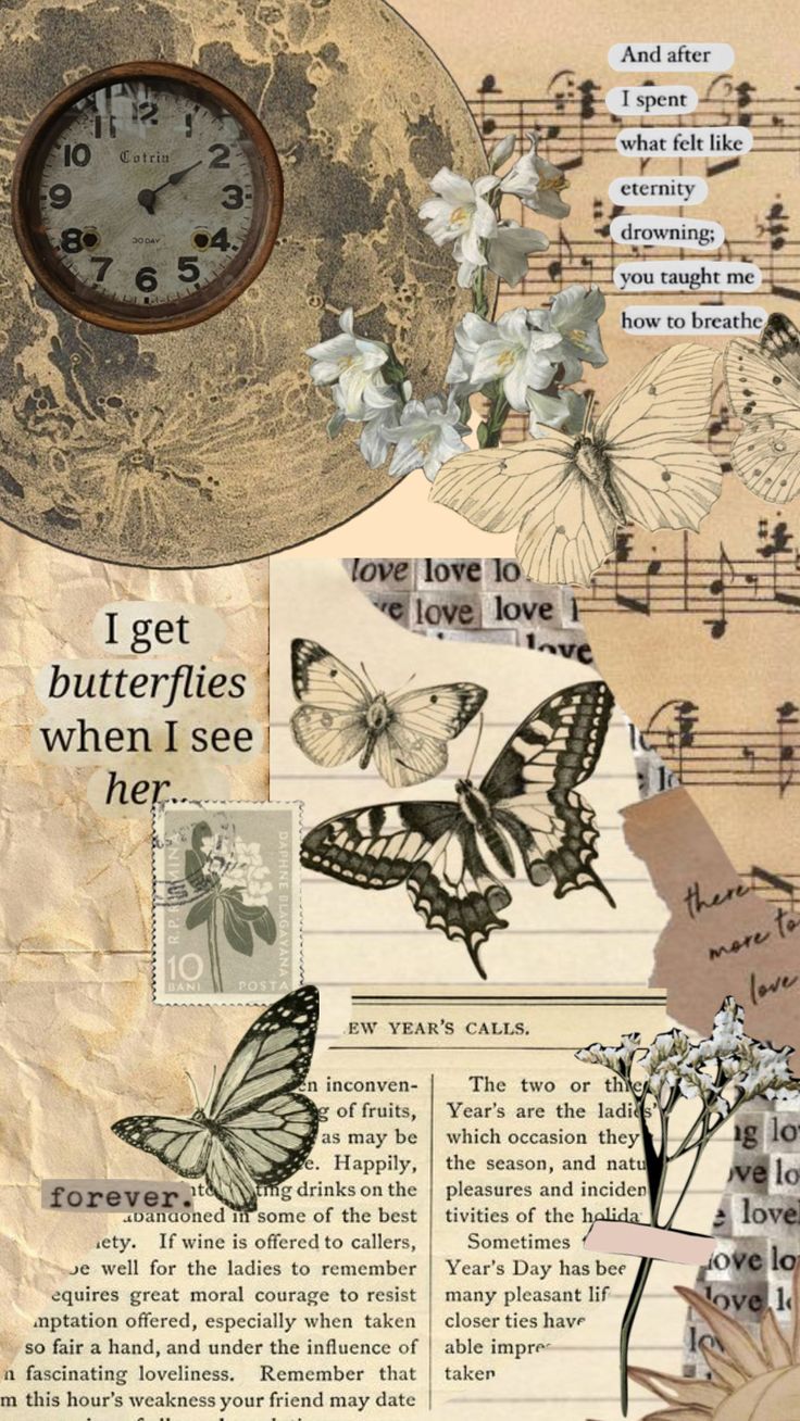 an altered collage with butterflies, flowers and a clock on it's side