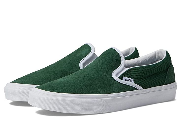 Vans Classic Slip-On - Skate Shoes : Vans Club Green/White : The one that started it all - the tried-and-true style and laid-back profile of the Vans Classic Slip-On shoes. Slip-on sneakers with uppers of canvas, leather, or suede. Durable upper for long lasting wear. Padded collar and footbed for added comfort, fit, and superior shock absorption. Cotton drill lining for excellent breathability and extra comfort. Die-cut EVA insert for added support. Vulcanized construction: • Slimmed-down profi Casual Suede Slip-ons With White Sole, Casual Slip-on Sneakers With Vulcanized Sole For Skateboarding, Suede Low-top Slip-ons With Cushioned Footbed, Casual Leather Slip-ons For Streetwear, Casual Slip-on Skate Shoes With Textured Sole, Casual Slip-on Sneakers With Suede And Contrast Sole, Casual Suede Slip-on Sneakers With Contrast Sole, Comfortable Slip-on Skate Shoes With Vulcanized Sole, Suede Skate Shoes With Speckled Midsole And White Sole