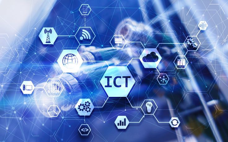 the word ict is surrounded by icons and symbols on a blue background with hexagonal shapes