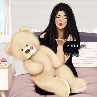 a painting of a woman holding a teddy bear on a bed with the caption sara art