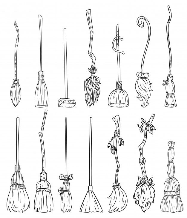 a bunch of brooms that are drawn in black and white