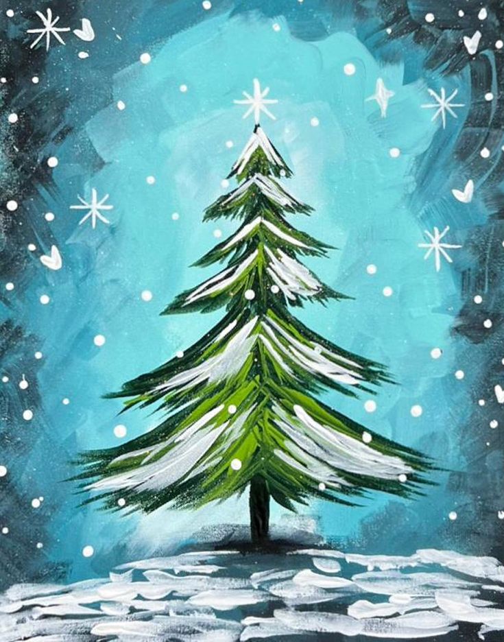 a painting of a green christmas tree in the snow with white stars on blue background