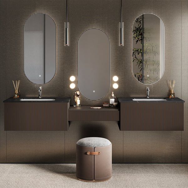 a bathroom with two sinks and mirrors on the wall above it is a stool that has a footstool in front of it