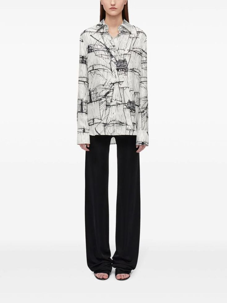 Ferragamo graphic-print Silk Shirt - Farfetch Printed Silk Shirt, City Dress, Twill Weave, Summer Beach Wear, Silk Twill, Lady Dior, Silk Shirt, Black Silk, Top Shoes