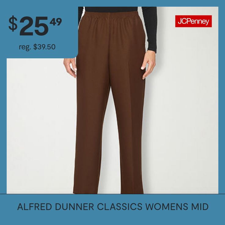 Alfred Dunner is known for their modern tailoring and style, and this pair of women's pants stay true to the brand's heritage. Made from a soft woven fabric in a relaxed-fit with straight legs, they have a comfortable elastic-waistband, a pleated front, and side pockets. Wear with a button-down or t-shirt and flat shoes.Front Style: Flat FrontFeatures: EssentialsClosure Type: Full ElasticFit: Relaxed FitPockets: 2 Side Slip PocketsRise: Mid RiseFiber Content: 100% PolyesterFabric Description: W… Alfred Dunner, Petite Shorts, Petite Pants, Pull On Pants, Mid Rise, Short Pants, Woven Fabric, Straight Leg, Pants For Women