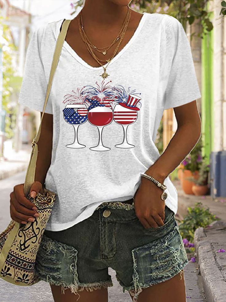 Blue & White Wine Of American Flag To Celebrate the 4th July 2022 Short Sleeve Casual Graphic T-shirt Summer V-neck T-shirt With American Flag Print, American Flag Print V-neck Tops For Summer, Summer V-neck Tops With American Flag Print, V-neck Tops With American Flag Print For Summer, Patriotic V-neck Summer Tops, Labor Day Graphic Tee With Flag Print, Labor Day Flag Print Graphic Tee, Women's Graphic Tees, July 2022