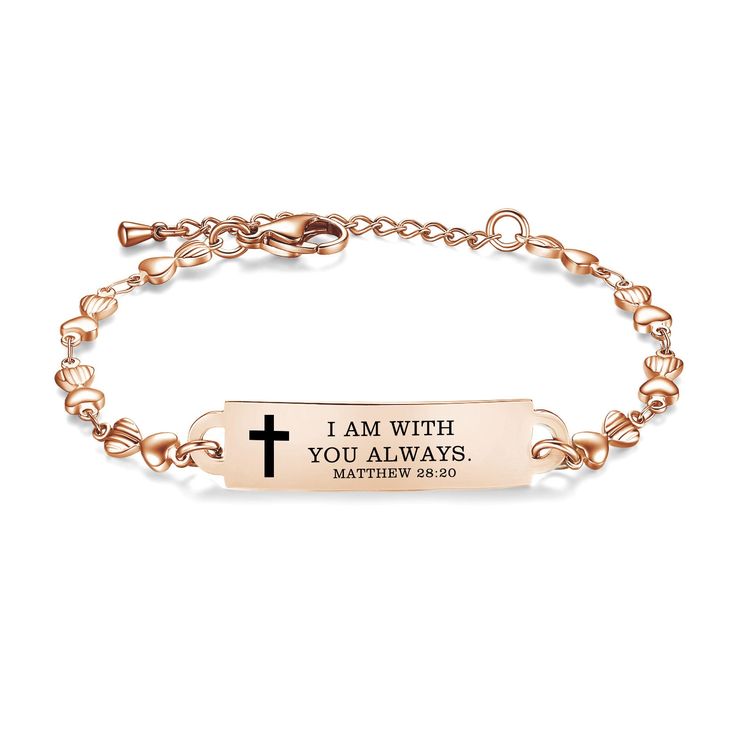 Elevate your faith with our stunning stainless steel Bible verse bracelet, a symbol of hope and peace. This beautiful accessory serves as a tangible reminder of faith and inner strength, providing inspiration and comfort during daily wear. Crafted with care, this bracelet is nickel-free and waterproof, making it skin-friendly and enduring. Its low allergenicity ensures comfort and confidence, allowing you to wear your faith proudly. With an adjustable heart chain and lightweight design, this bra Adjustable Tarnish Resistant Bracelets For Mother's Day, Mother's Day Metal Bracelets With Adjustable Chain, Adjustable Rose Gold Charm Bracelet, Tarnish Resistant, Adjustable Rose Gold Tarnish-resistant Charm Bracelet, Valentine's Day Adjustable Chain Bracelet, Adjustable Tarnish-resistant Heart Bracelet Gift, Adjustable Rose Gold Tarnish Resistant Bracelet, Adjustable Tarnish-resistant Rose Gold Bracelet, Personalized Rose Gold Stainless Steel Bracelets