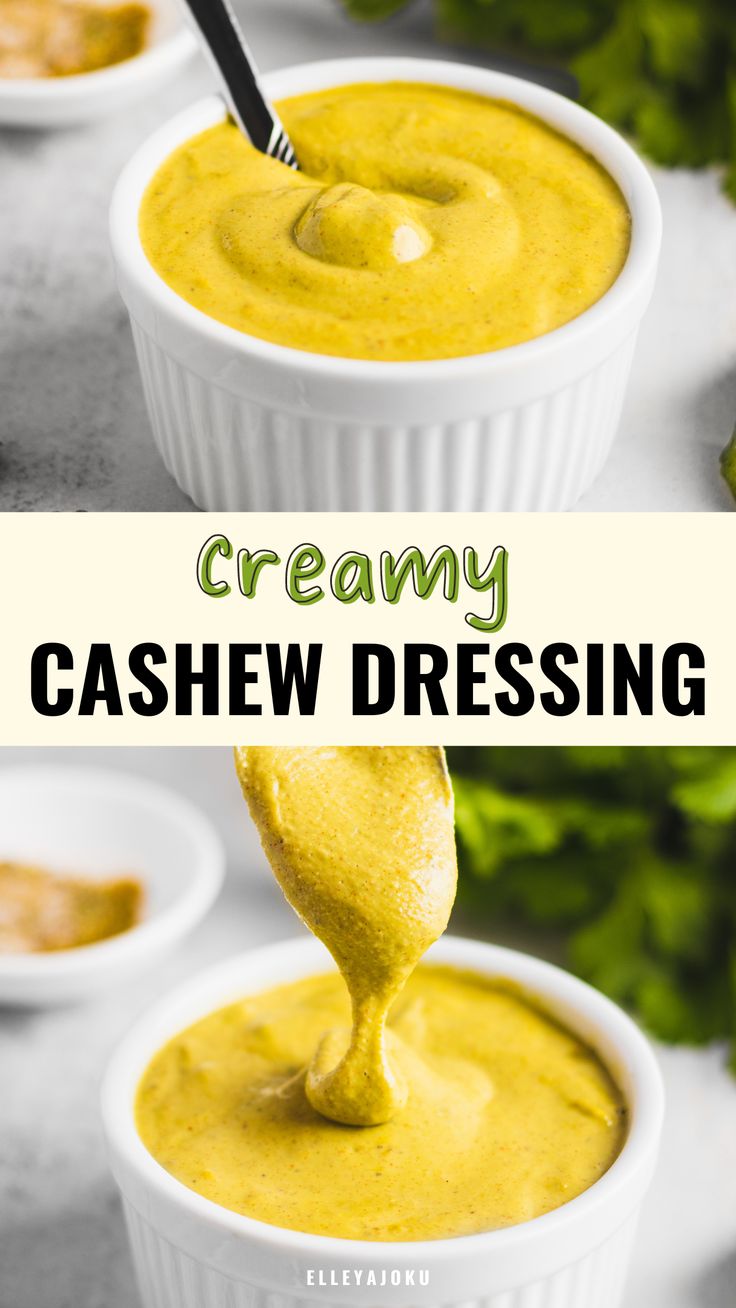 creamy cashew dressing in small white bowls with a spoon scooping it into the bowl