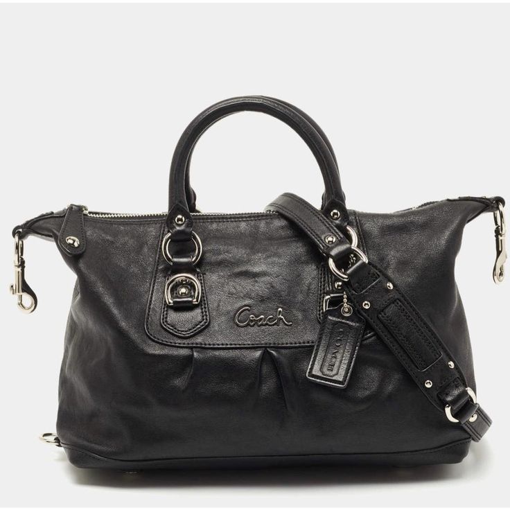 Coach Ashley Satchel Detachable Strap Leather Shoulder Bag Black Excellent Condition 15” Wide 9” Hight - Ashley - Satchel - Detachable Strap - Leather - Shoulder Bag - Zip Closure - Double Leather Handles - Front Coach Silver Logo - 4 Bottom Protective Feet - Coach Hangtag - Leather - Imported Classic Satchel With Silver-tone Hardware For On-the-go, Coach Shoulder Bag With Double Handle And Palladium Hardware, Coach Business Satchel With Branded Hardware, Luxury Satchel With Branded Hardware For On-the-go, Coach Satchel With Silver-tone Hardware And Top Handle, Coach Satchel With Silver-tone Hardware And Double Handle, Elegant Satchel With Silver-tone Hardware For On-the-go, Coach Shoulder Bag With Top Handle And Palladium Hardware, Coach Satchel With Detachable Handle For Travel