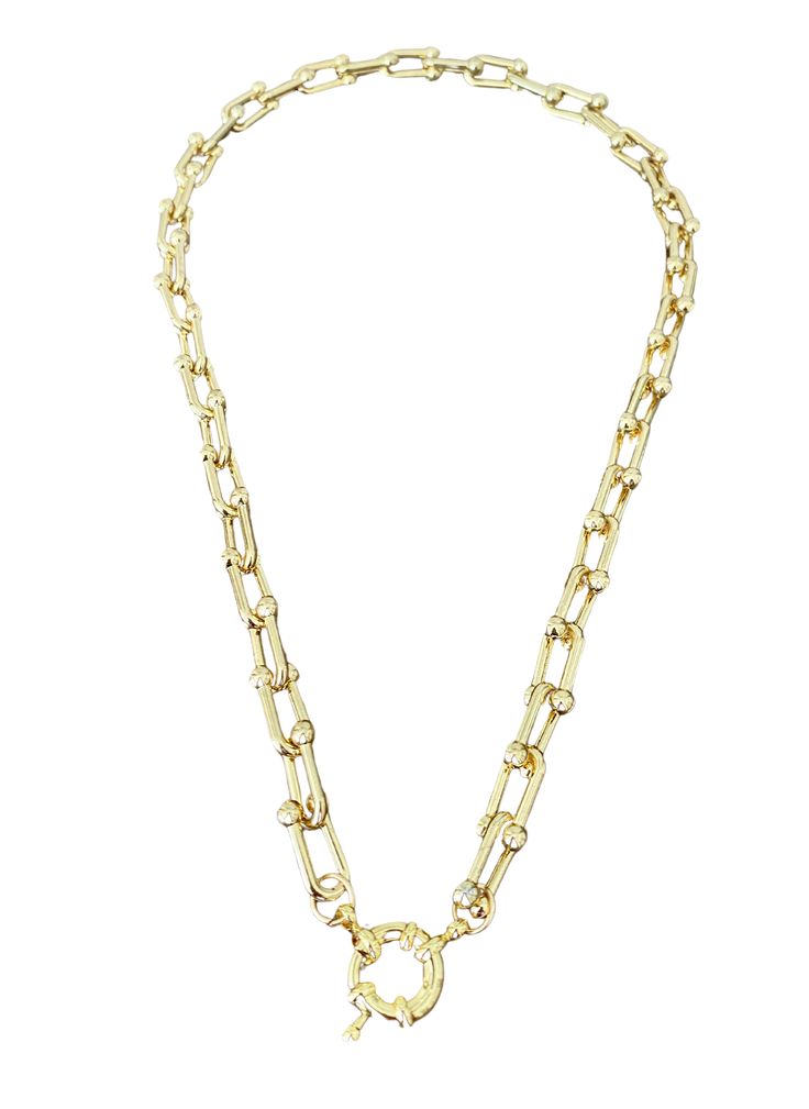 This necklace is a stunning statement piece that features gauge links and a sailor clasp. It is designed to make a bold and eye-catching impact. The necklace measures approximately 16.5 inches in length. The necklace is crafted with gauge links, which are typically larger and thicker than standard links. These robust links add a strong and substantial element to the design, creating a statement-worthy accessory. The gauge links give the necklace a distinctive and edgy look, making it a standout Chic Toggle Link Necklace With Chain, Chic Link Chain Necklace With Toggle Clasp, Metal Paperclip Chain Link Jewelry, Chic Metal Chain Link Toggle Necklace, Adjustable Silver Chain Necklace With Rectangular Links, Adjustable Metal Chain Necklace With Rectangular Links, Adjustable Chain Necklace With Rectangular Links, Trendy Toggle Link Necklace With Adjustable Chain, Trendy Link Toggle Necklace With Adjustable Chain