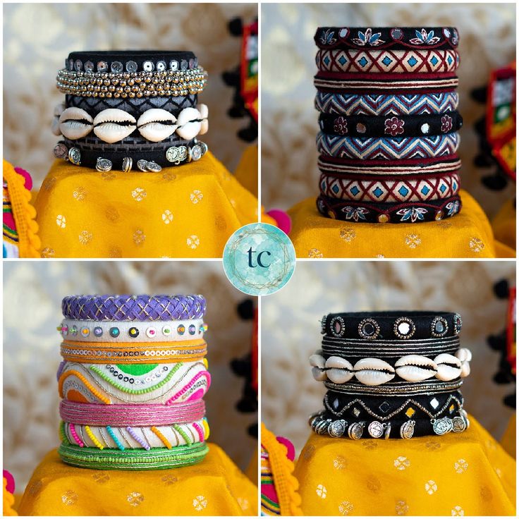 Introducing our exquisite collection of bangles, inspired by the vibrant festivities of Navratri. These bangles are meticulously crafted with intricate ghughari and beadwork, adding a touch of elegance to any outfit. The combination of colourful beads and the contrasting black ajrak design creates a stunning visual appeal. Available in a mesmerizing multicolour palette, these bangles are the perfect accessory to celebrate the joyous spirit of Navratri. Navratri Accessories Jewellery, Navratri Breslet, Bangles Combination, Oxodise Jewellery For Navratri, Navratri Bangles, Boho Bangles, Handmade Bangles Design, Navratri Bangles Handmade, Festive Accessories