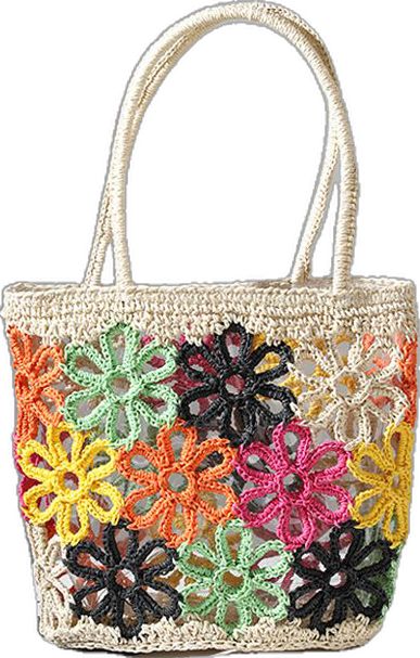 Trendy Flower-shaped Beach Bag, Trendy Flower Shaped Bag For Beach, Casual Multicolor Flower-shaped Bag, Multicolor Basket Crochet Bag, Casual Multicolor Crochet Basket Bag, Multicolor Basket Crochet Bag Casual Style, Spring Open Weave Shoulder Bag With Double Handle, Spring Open Weave Tote Shoulder Bag, Casual Multicolor Flower-shaped Shoulder Bag