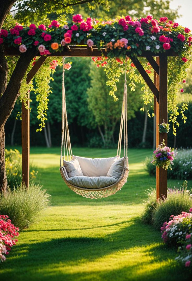 a hammock hanging in the middle of a garden