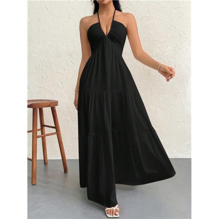 This Stunning Maxi Dress Features A Halter Neckline And A Daring Backless Design, Perfect For Showcasing Your Unique Style. The High Waistline And Flared Hem Create A Flattering Silhouette, While The Classic Black Adds A Timeless, Elegant Touch. Crafted From Non-Stretch Fabric, This Regular Fit Dress Offers A Graceful, Flowing Look Without Sacrificing Comfort. Ideal For Making A Memorable Impression At Any Event. Long Open Back Dress, Dress Flowy, Women Halter, Aline Dress, Backless Design, Open Back Dresses, Dresses Backless, Fit Dress, Halter Neckline