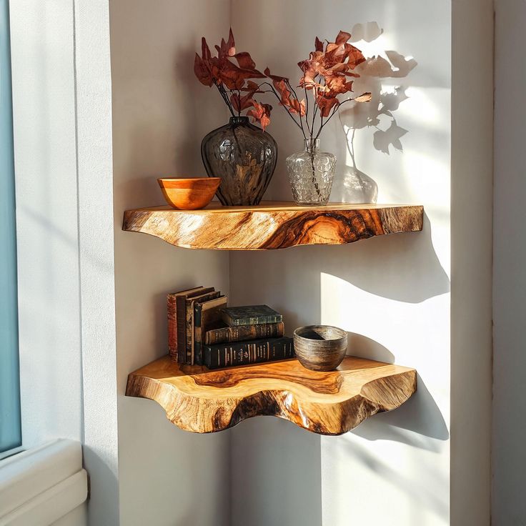 two wooden shelves with books and vases on them next to a window sill