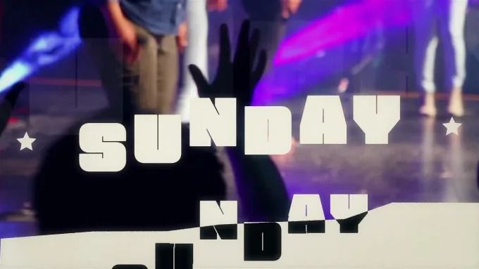 the words sunday in front of an image of people on stage with their hands up