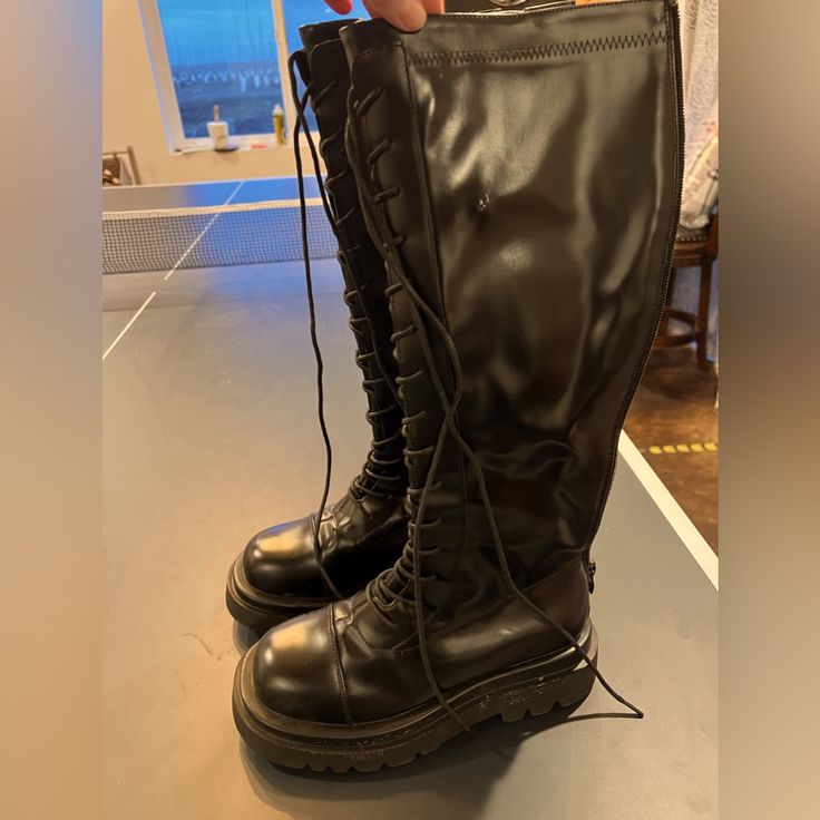 Wasn't My Daughter's Style But These Are Adorbs And Brand New Never Worn. They Have One Tiny Crease Towards Top Of Boot Shown In Pic But You Would Not Be Able To See It While Wearing Them. Dc Boots, Tall Combat Boots, Black Moto Boots, Shoes Brand, Moto Boots, Winter Wear, Cute Shoes, Shoe Brands, See It