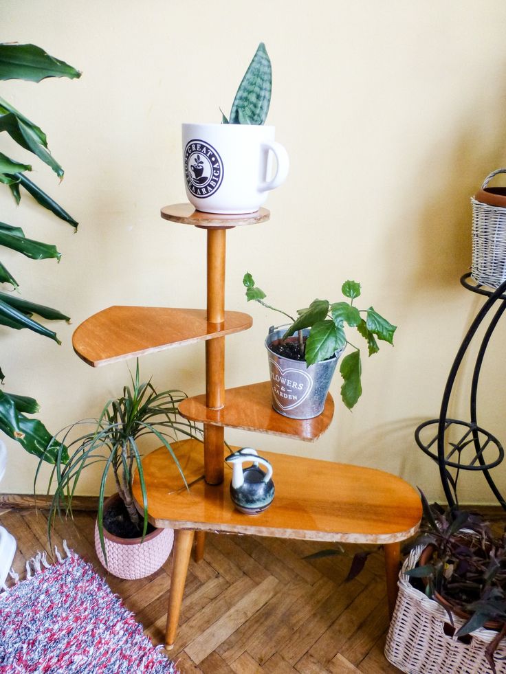 three tiered wooden shelf with coffee cups on it in front of plants and potted plants